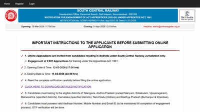 Scr Apprentice Recruitment 2026: RRC SCR Apprentice Recruitment 2026 notification closes today for 2801 posts; apply here