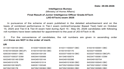 IB JIO Tech final result 2026 released: Direct link to download list of selected candidates here