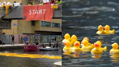 Thousands of rubber ducks raced through a London canal to raise money for critically ill children, turning a charity event into a colourful spectacle | World News