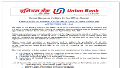 Union Bank of India Apprentice recruitment 2026 result out at unionbankofindia.bank.in; direct link to download PDF here