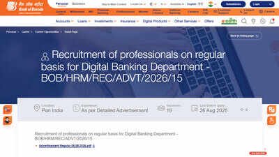 Bob So Recruitment 2026: Bank of Baroda starts recruitment for 206 Specialist Officer posts; applications open until August 26