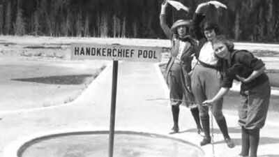 Yellowstone visitors once used Handkerchief Pool like a natural washing machine; after a log stopped its activity in 1926, a 1929 cleanup removed 1.5 bushels of debris, including 100-plus hairpins and a horseshoe
