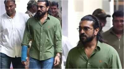 Ram Charan arrives in Hyderabad after Chiranjeevi’s birthday celebrations; actor’s bandaged hand grabs attention | Telugu Movie News