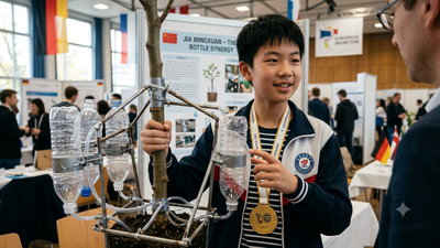 14-year-old Jia Mingxuan used plastic bottles and steel tubes to build a device for young trees; it won gold at a German invention exhibition |