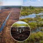 A failed farming venture cut 50 miles of ditches through a North Carolina peatland; the 23-square-mile tract now emits 130,000 tons of CO₂ a year, and scientists plan to flood it again