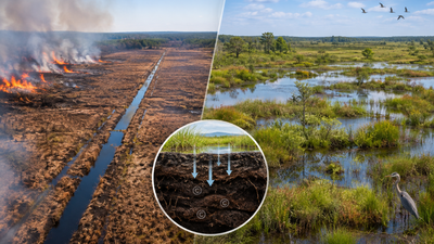 A failed farming venture cut 50 miles of ditches through a North Carolina peatland; the 23-square-mile tract now emits 130,000 tons of CO₂ a year, and scientists plan to flood it again