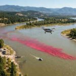 In 2017, USGS released 72.57 kg of red dye into Idaho’s Kootenai River in 90 seconds; aircraft 1,000 metres above mapped the plume in 0.5-metre pixels to study river dispersion