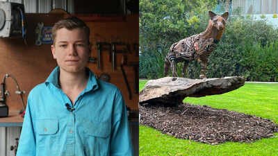 A 14-year-old Australian turns discarded tools into animal sculptures and has sold a scrap-metal wolf for $8,000; he is now the youngest artist in a major open-studio event