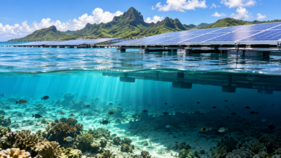 Floating solar panels sharply reduce light reaching the seabed in French Polynesia while having no detectable effect on lagoon water temperature |