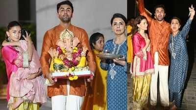 Ranbir Kapoor, Alia Bhatt, Neetu Kapoor perform Ganpati Visarjan, hide Raha’s face while posing for the paparazzi, chant ‘Ganpati Bappa Morya’ – PICS inside |