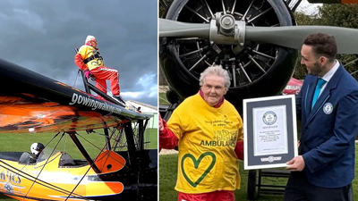 99-year-old Helga Duffy strapped herself to a plane’s wing and flew through the skies to break the record for the oldest female wing-walker, while raising £1,300 for an air ambulance | World News