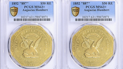 An 1852 California Gold  coin from the Gold Rush era sold for 7,875 on September 6; the rare piece was one of eight territorial coins in a collection that drew 475 bids from collectors