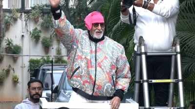 Amid bomb threat email and health concerns, Amitabh Bachchan greets fans outside Jalsa, protective son Abhishek Bachchan joins his father | Hindi Movie News