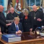 White House defends Trump after archbishop apologises over ‘manipulated’ prayer moment ahead of midterms
