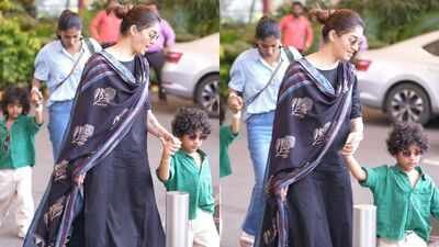 Nayanthara spotted in Mumbai with twin sons Uyir and Ulagam; boys twin in matching outfits | Tamil Movie News