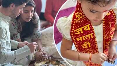 Priyanka Chopra and Nick Jonas celebrate Dussehra with family puja; daughter Malti Marie wins hearts with her ‘Jai Mata Di’ scarf – PICS |