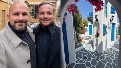 Two Swiss brothers spent about £10,000 turning a 15-by-15-metre section of their garden into a miniature Greek village with blue shutters, stone lanes and a bar; the wider backyard attraction cost £20,000