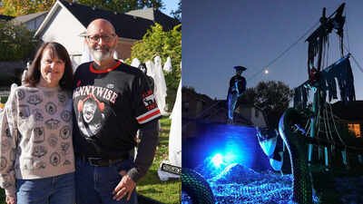 A Michigan father and his family have added a pirate ship to their front-yard Halloween world, complete with blue lighting and skeleton sailors, with live actors set to take over on October 31