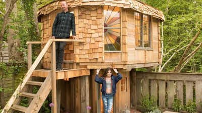A 12-year-old Surrey girl handed her father £500 of savings and asked for a mushroom-shaped house; he built a two-storey backyard hideaway with a glass floor and trapdoor that went on to win Shed of the Year in 2017